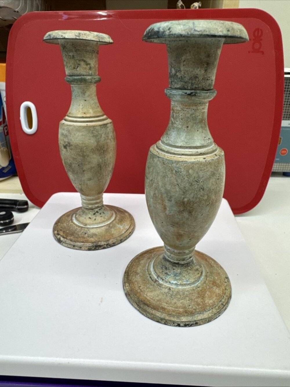 Vtg Rare Pair of Solid Bronze Candle Sticks Holders Gray Green Orange 6”x3” - Picture 9 of 10